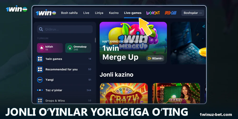 1Win O'zbekistonda Jonli o'yinlar tabini oching.