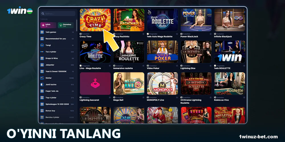 1Win O'zbekistondan jonli o'yinni tanlang.