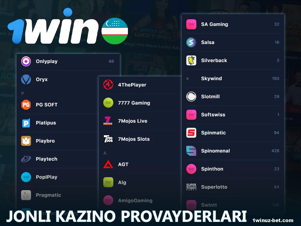 1Win O'zbekistondagi jonli kazino ishlab chiquvchilari.