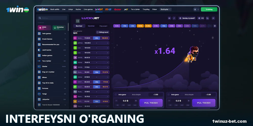 1Win O'zbekistonda Lucky Jet o'yinining interfeysini o'rganing.